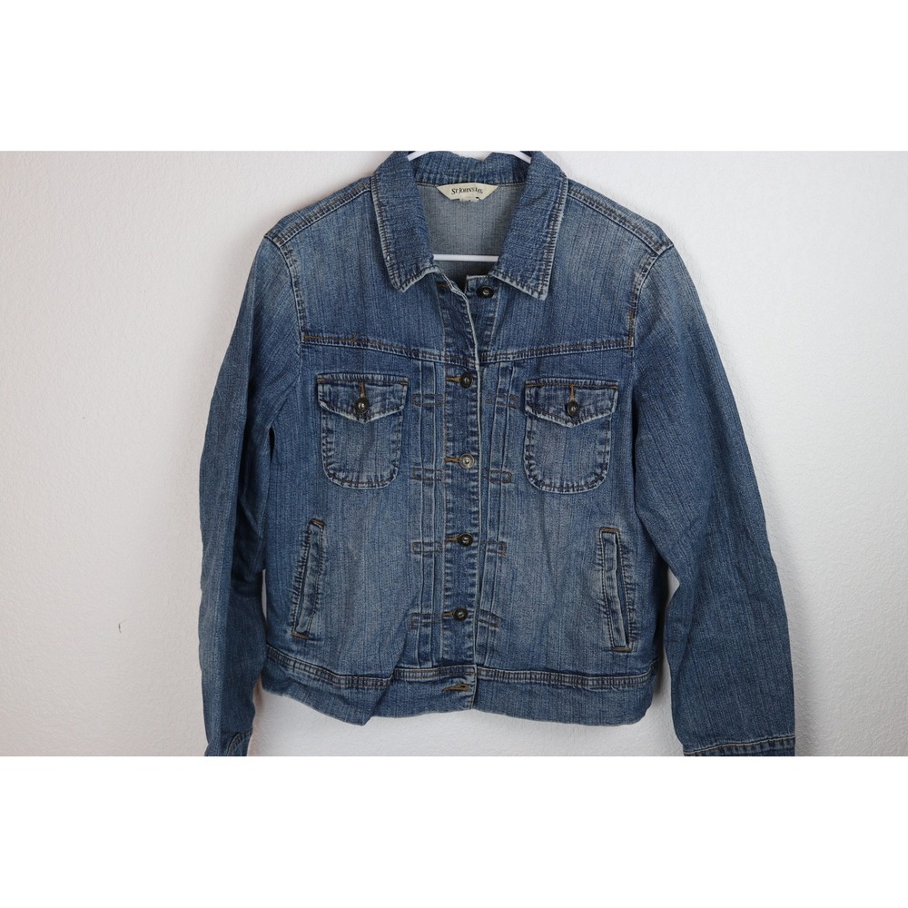 St Johns Bay Women's Denim Jacket Size L Blue‎ Classic Trucker Style